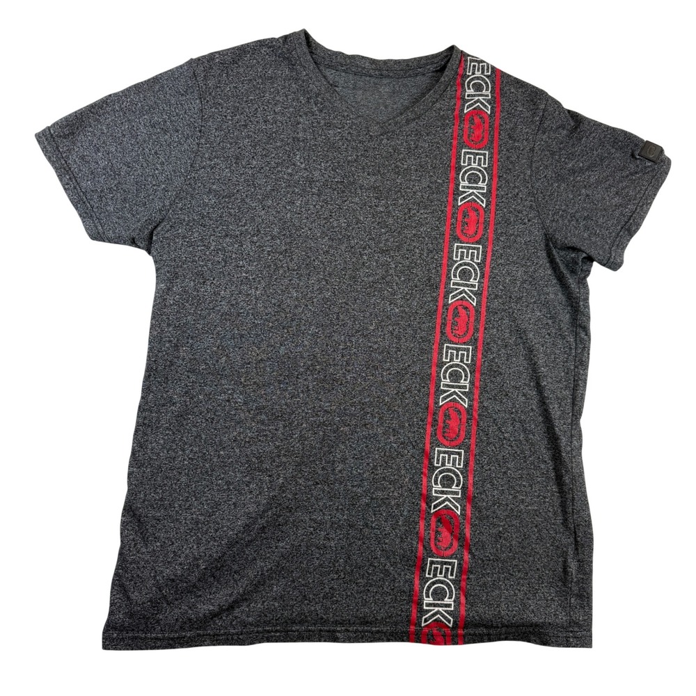 Ecko Unltd Mens V-Neck T-Shirt XL Gray Heather Red Logo Tape Skater Y2K Hip Hop